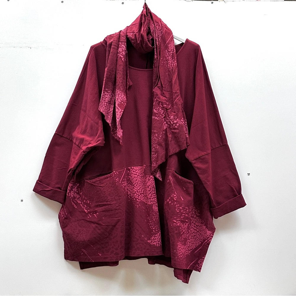XXL Bella Amore Italy made Cotton Wine red Women Top with Scarf, S-XL, oversized